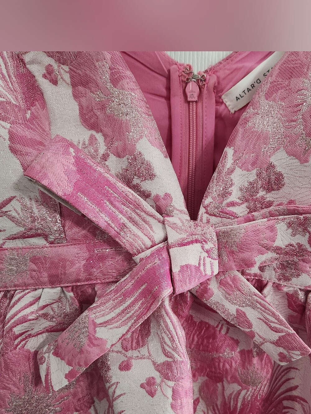 Altar'd state pink floral jacquard mini dress medium feminine glam bow ruffle - Picture 3 of 16